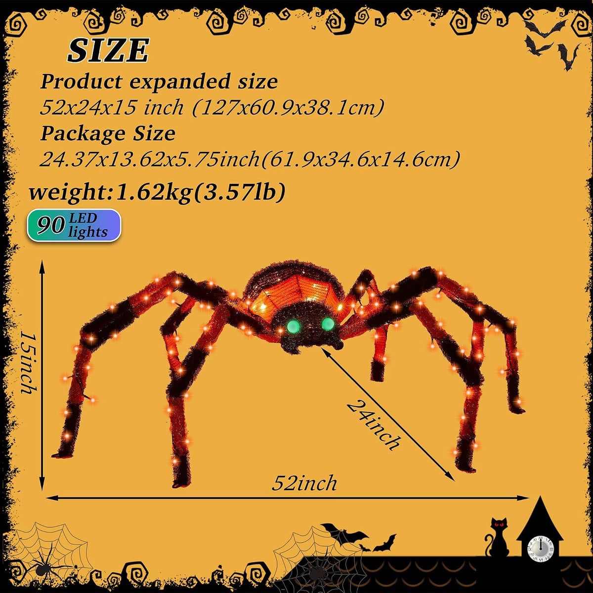 4.2Ft Giant Spider Halloween Decorations Outdoor 52" Light Up Spider wit...