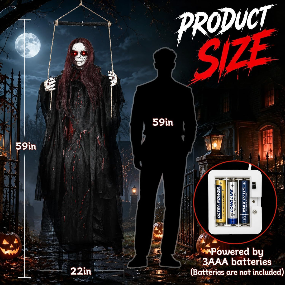 59" Scary Hanging Ghost Girl Halloween Decoration โ Sound & Touch Ac...