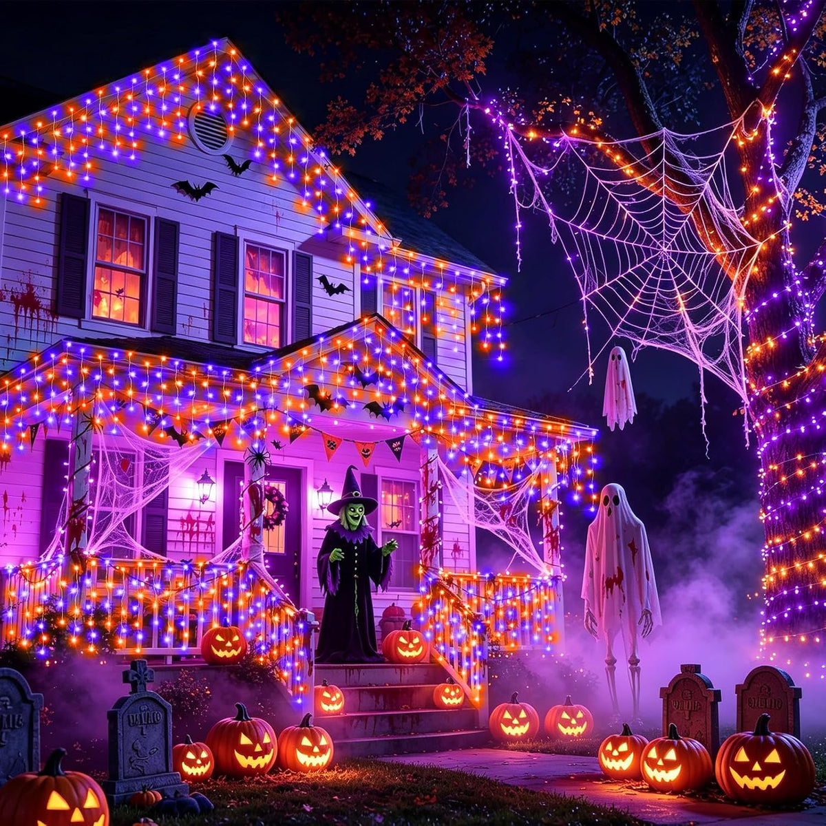 XURISEN 66FT 640 LED Orange Purple Halloween Lights Outdoor Decorations