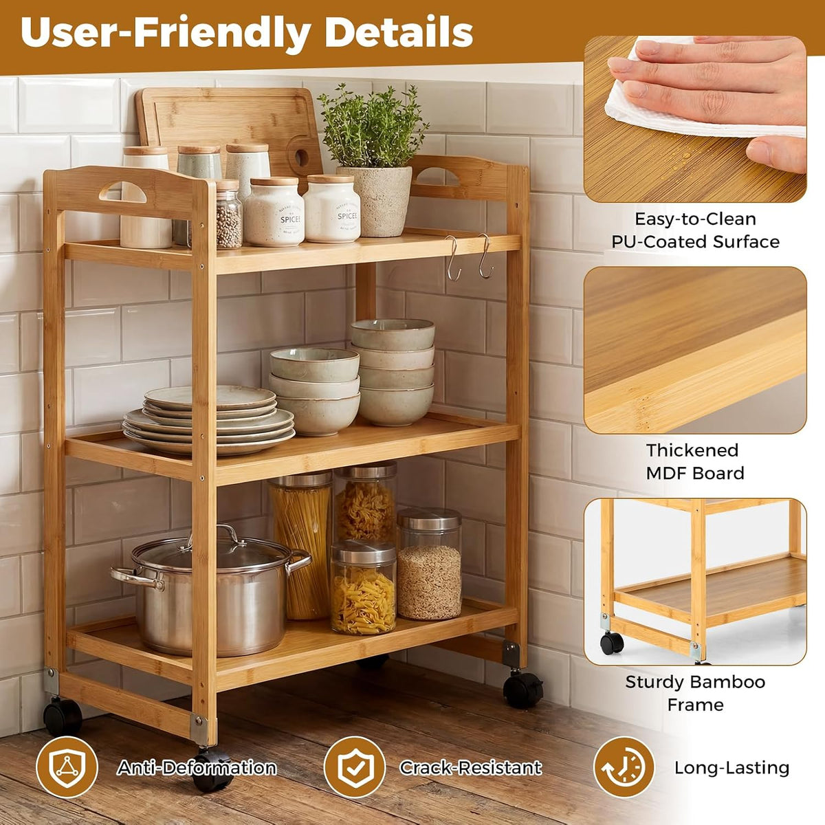 GIANTEX 3-Tier Rolling Storage Cart, Bamboo Utility Cart w/ 3 Side Hooks &...