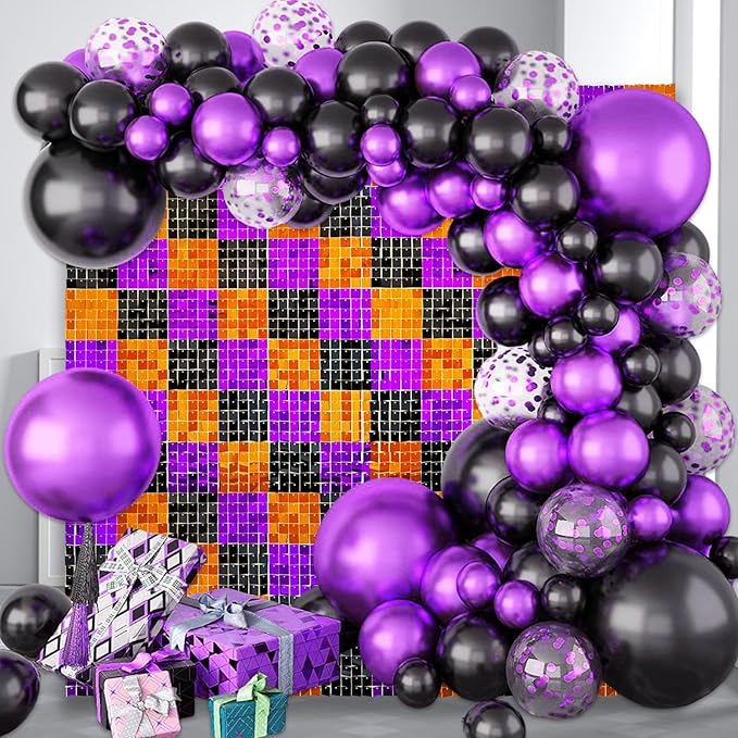 24PCS Black Orange Purple Shimmer Wall Backdrop, Halloween Square Sequin Phot...
