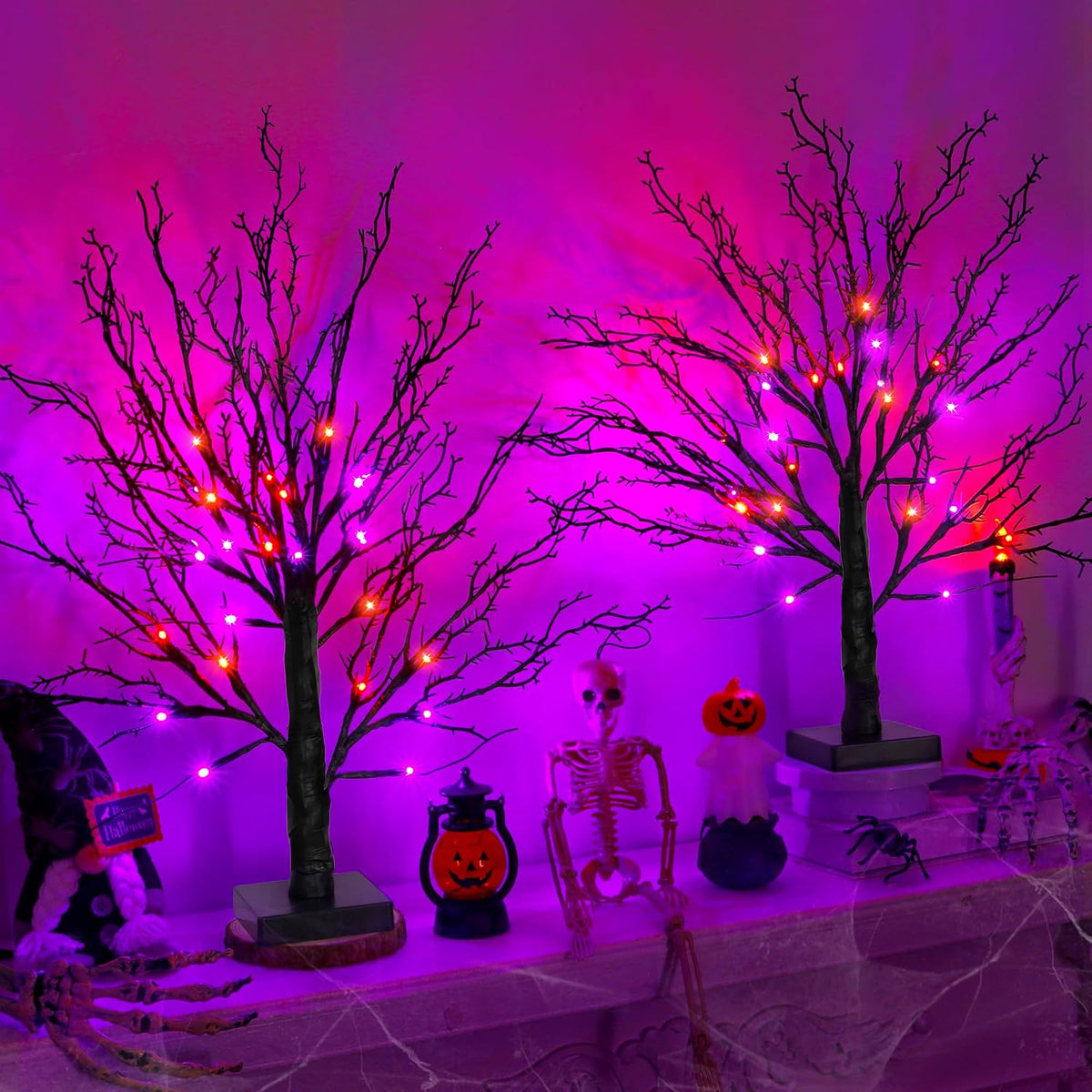2 Pack 24 Inch Black Halloween Tree with 24 LED Orange Purple Lights, USB Bat...