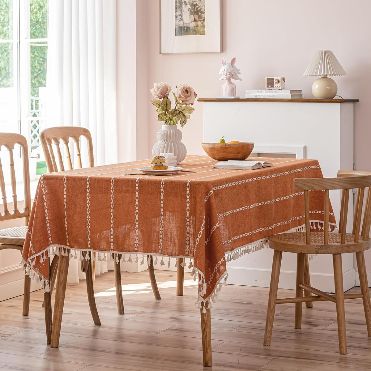 Burnt Orange Linen Rectangle Table Cloth with Tassel Farmhouse Burlap Tablecl...