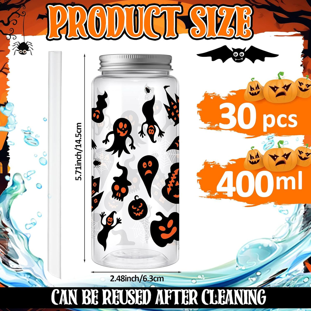 Skylety 30 Pcs Halloween Cups with Lids Straws 13.5 oz Bloody,Pumpkin
