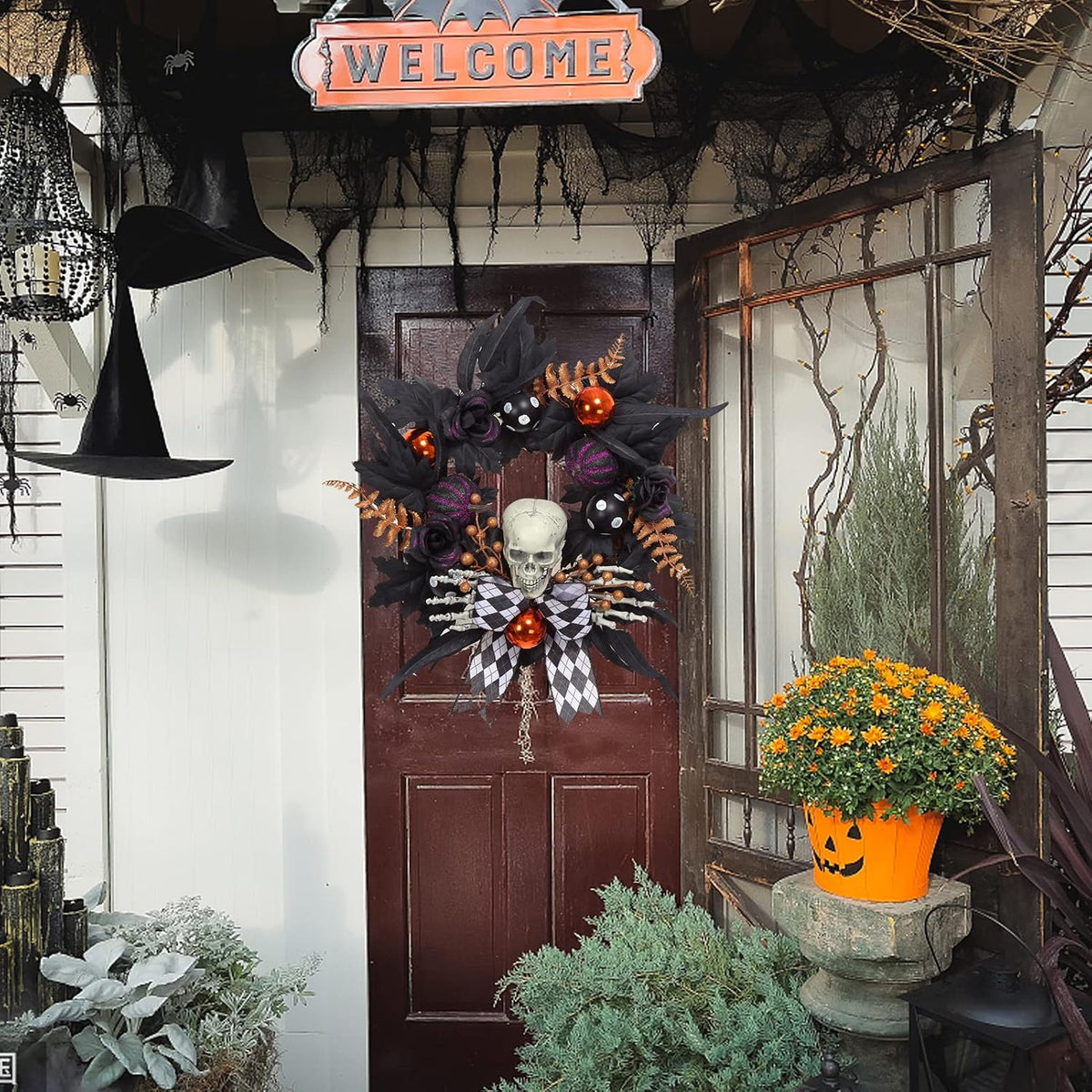 Halloween Wreath for Front Door Halloween Skeleton Decorations, 20 Inch Pumpk...