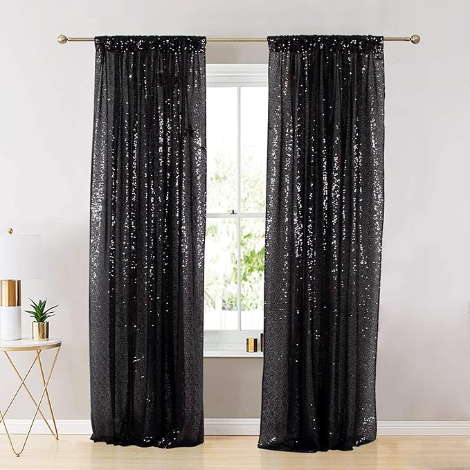 ShinyBeauty Black Sequin Curtains 2FTx8FT 4 Panels | Sparkly Photo Backdrop f...