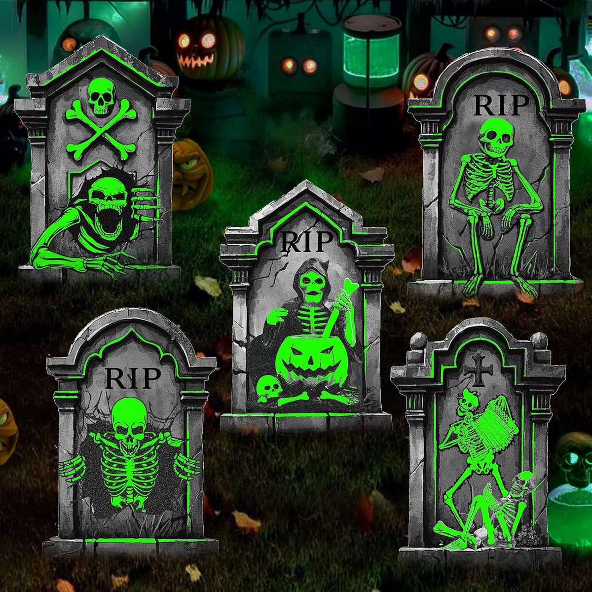 25.2in Halloween Tombstones Outdoor Decor Glow in The Dark - 5PCS Large Tombs...
