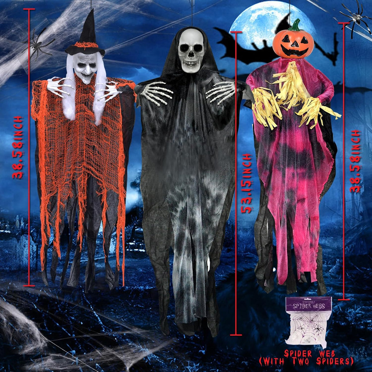 3 Pack Halloween Hanging Skeletons Witch Decorations Outdoor Indoor Decor