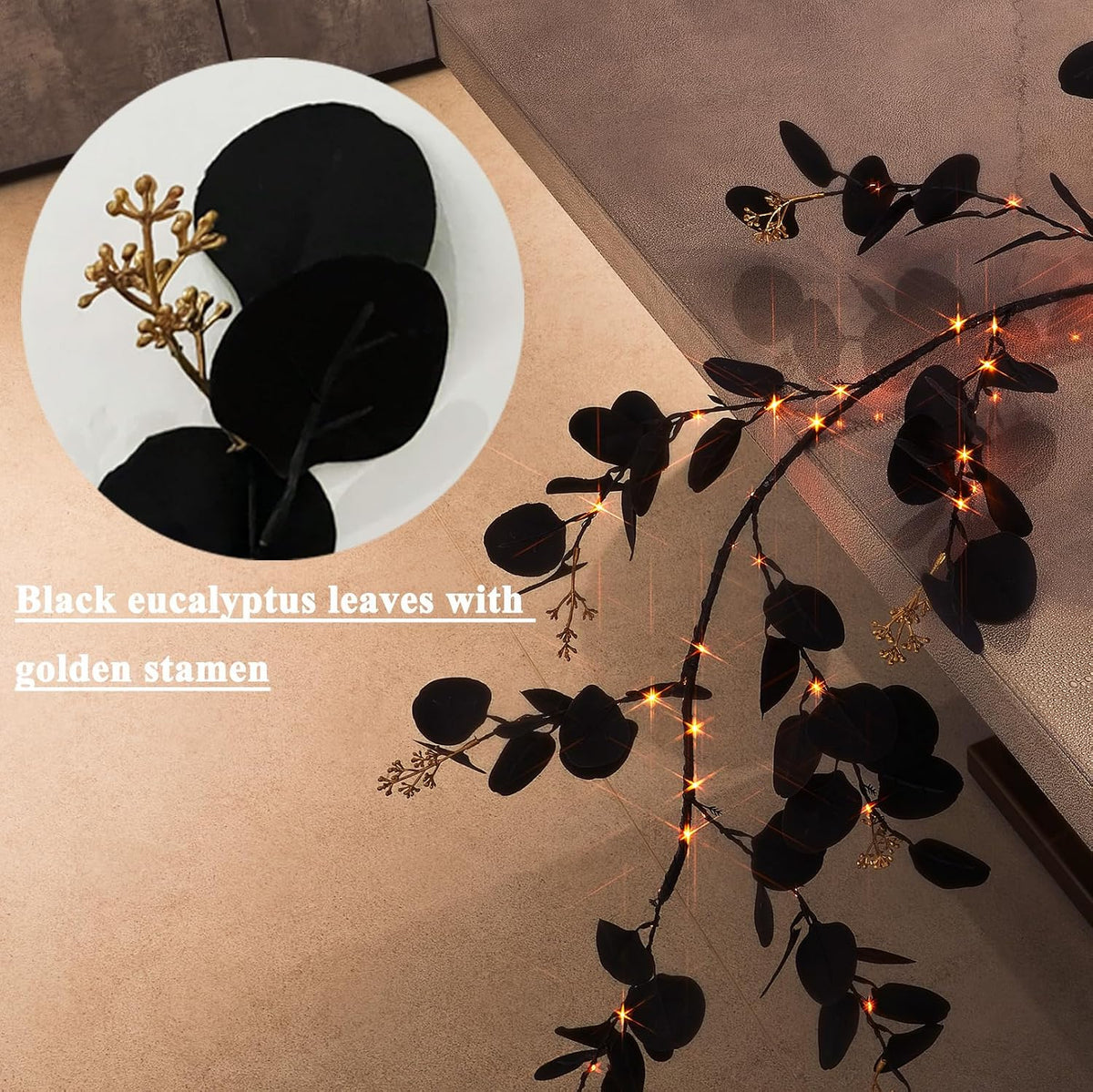 BAOLITVINE Lighted Halloween Black Eucalyptus Garland