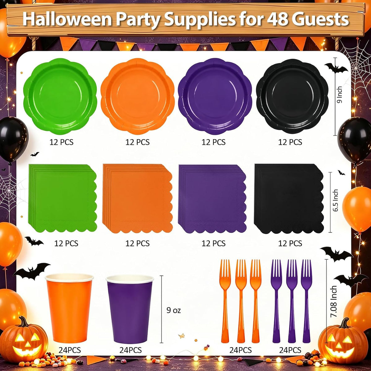 192Pcs Purple Orange Balck Plates and Napkins Party Supplies, Disposable 9โโ ...
