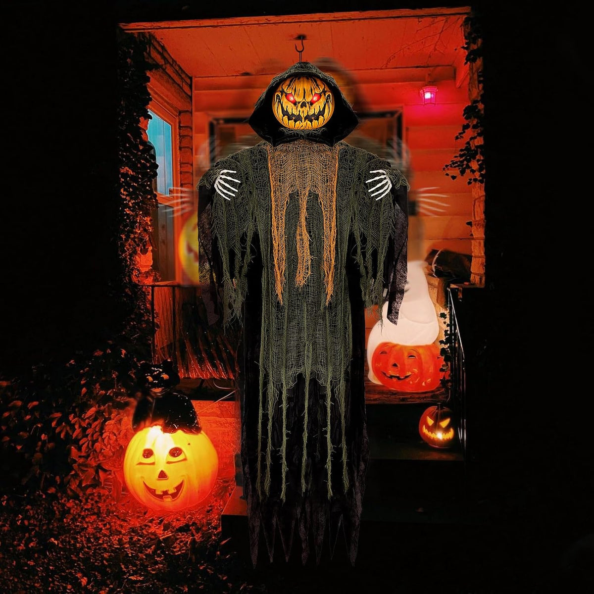 59โ Halloween Hanging Animatronics Pumpkin Decoration with Sound Activated