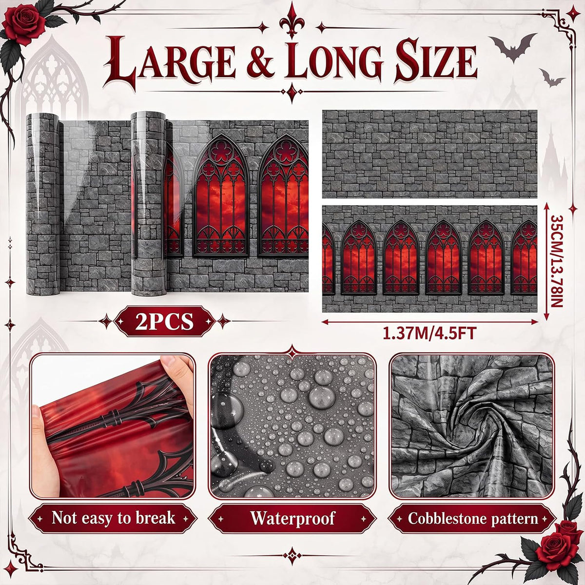 Tegeme 200Ft x 54 in Halloween Gothic Backdrop Roll Castle Brick Tablecloth