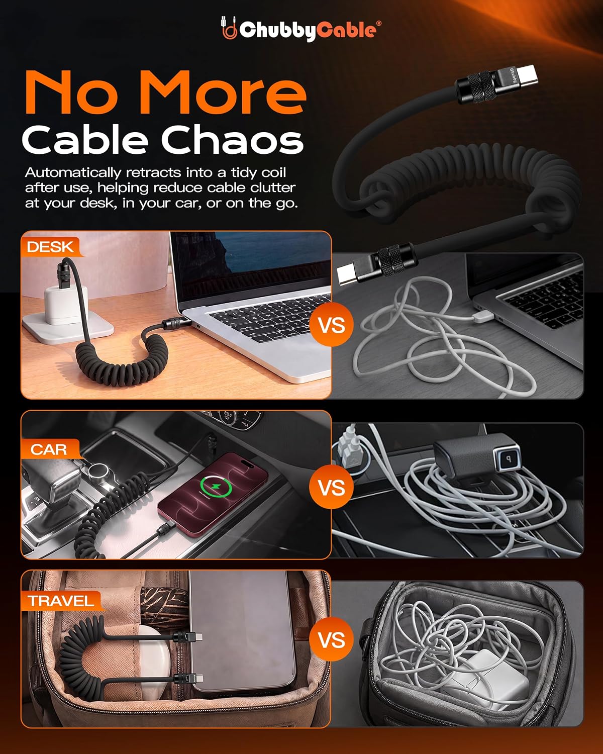 chubbycable Coiled USB C Cable 240H Sag-Free Charging Cable, 2 Pack, Black