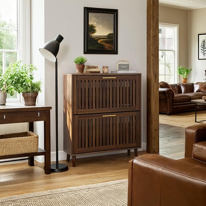 Shoe Storage Cabinet with 2 Flip Slatted Drawers, Narrow Wood Shoe Cabinet with - Image 7