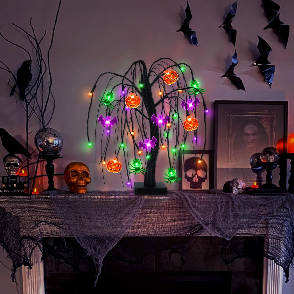 Halloween Table Decor 18 Inch 36 LED Halloween Willow Tree with Pumpkin Bat S...