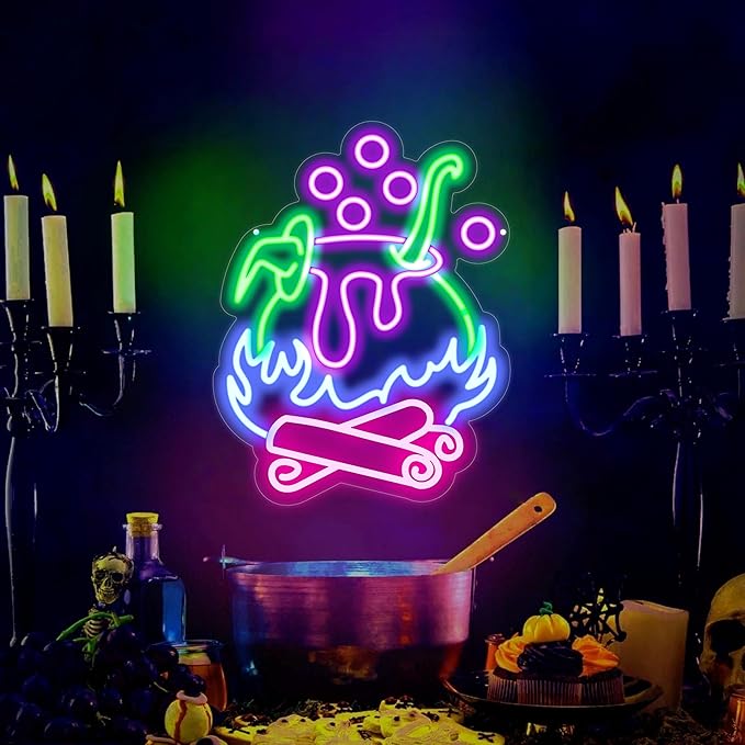 "Witch Brew" Cauldron Neon Sign - Spooky LED Cauldron Wall Art, Spo...
