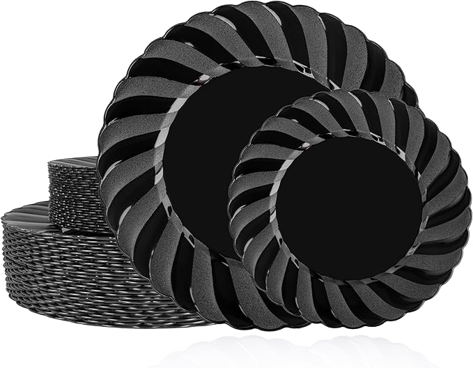 U-QE 60 Pcs Black Plastic Plates for Party โ Scalloped Plastic Plates Heavy D...