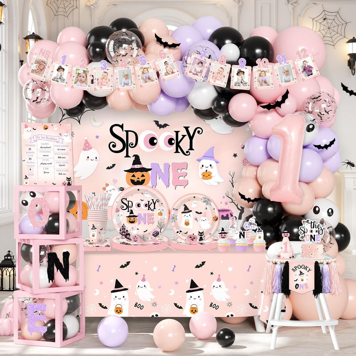 Spooky One Birthday Decorations Girl, 276 Pcs Pink Halloween 1st Birthday Par...