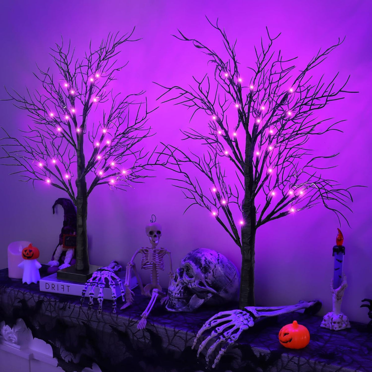 Halloween Decorations Indoor 2 Pack 24 Inch Black Spooky Tree with 48 Purple ...