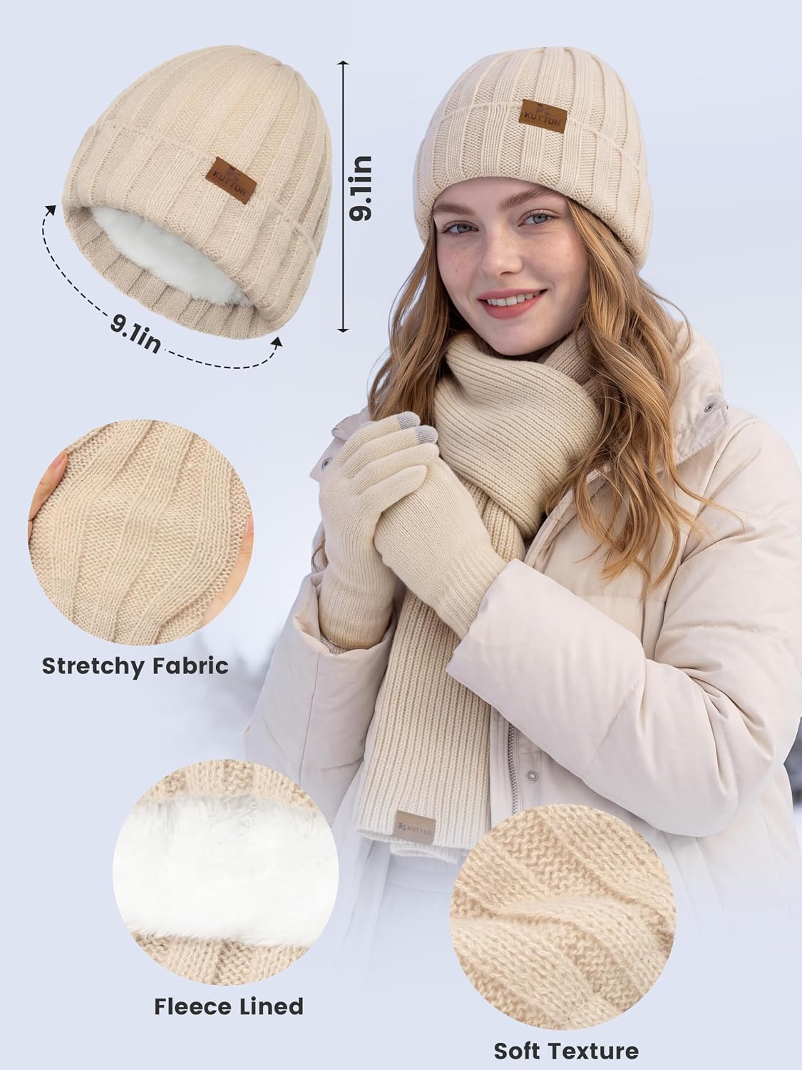 3 PCS Winter Knitted Set for Adults, Includes Beanie Hat, Scarf, and Touchscr...