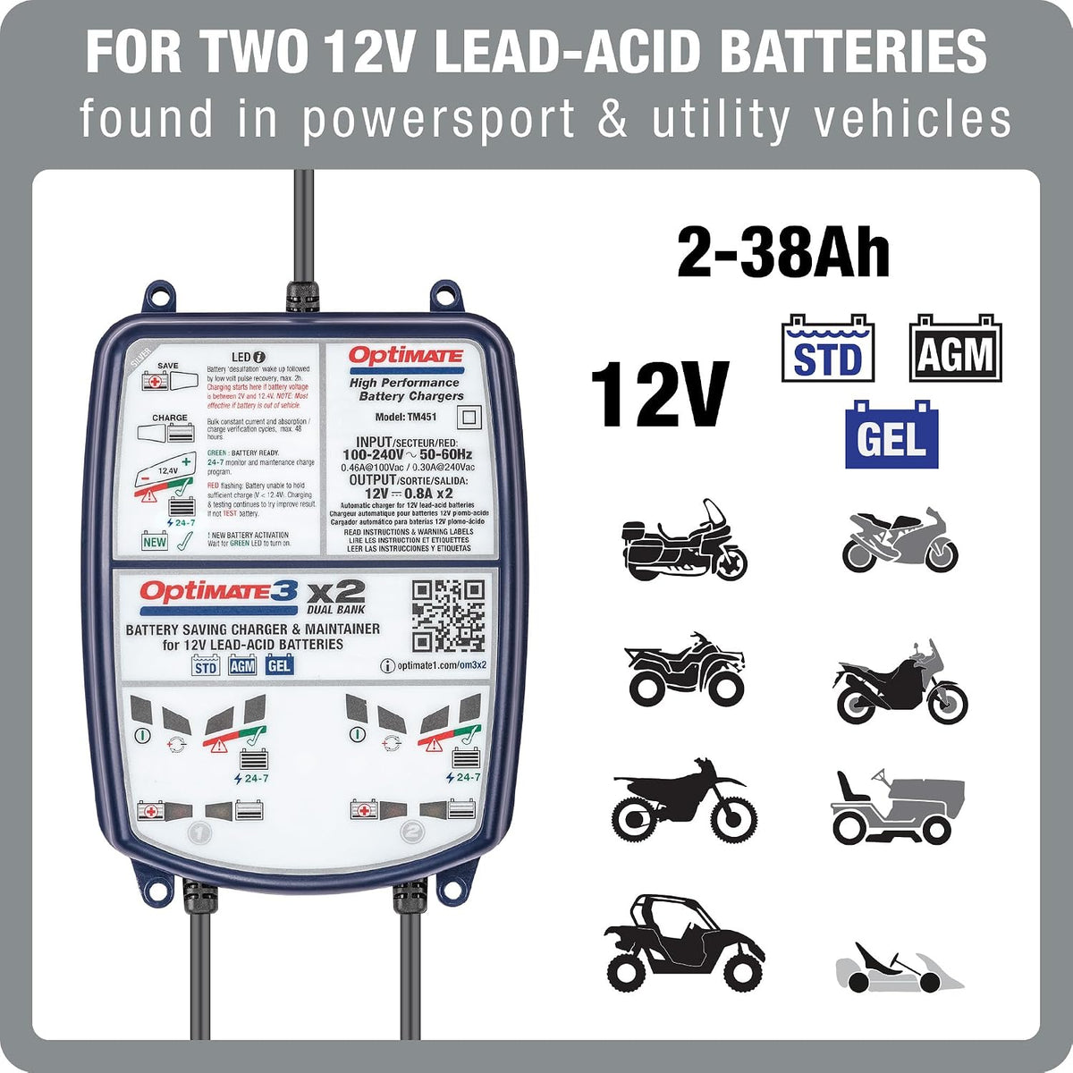 Optimate 3 Dual Bank, TM-451, 7-Step 2x12V 0.8A Sealed Battery Saving Charger...