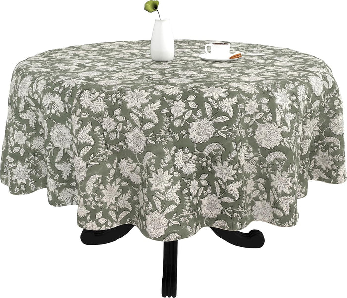 FYNITE Forest Frost Tablecloth | 72" Inches Round | 100% Cotton | Hand Block Print | Washable | Farmhouse & Fall Decor | Table Cover for Halloween | Thanksgiving | Christmas | Wedding | Parties