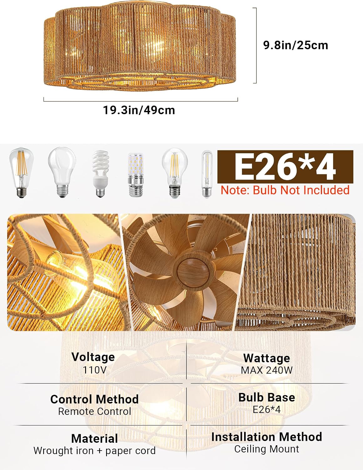 20" Rattan Fandelier Boho Caged Ceiling Fan with Lights Low Profile