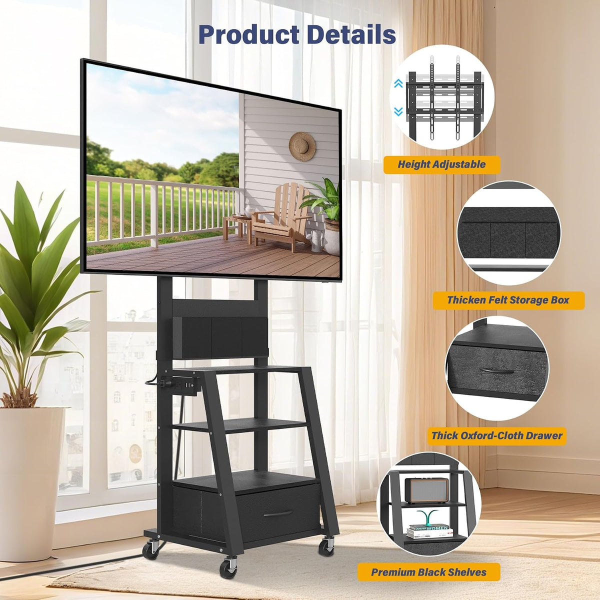 Rolling TV Stand with Power Outlet & 4-Tier Storage for 23"-60"...