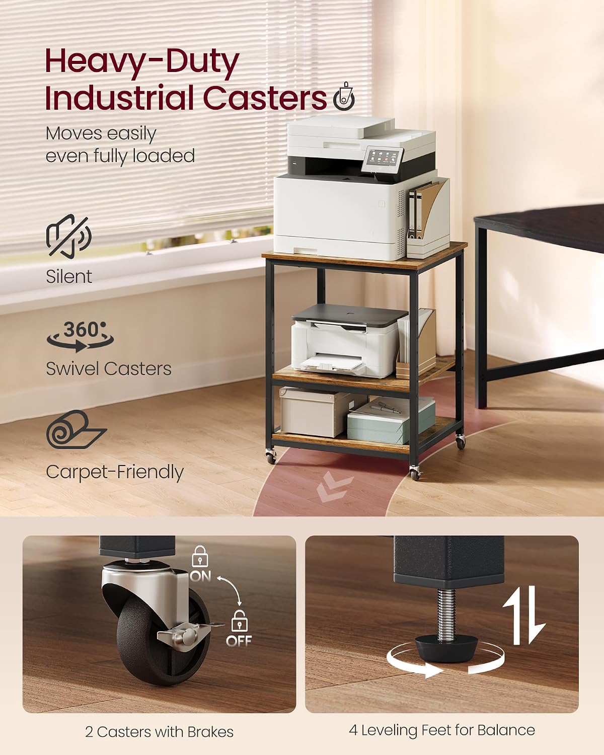 VASAGLE 3-Tier Printer Stand with Locking Wheels, Under Desk Printer Table