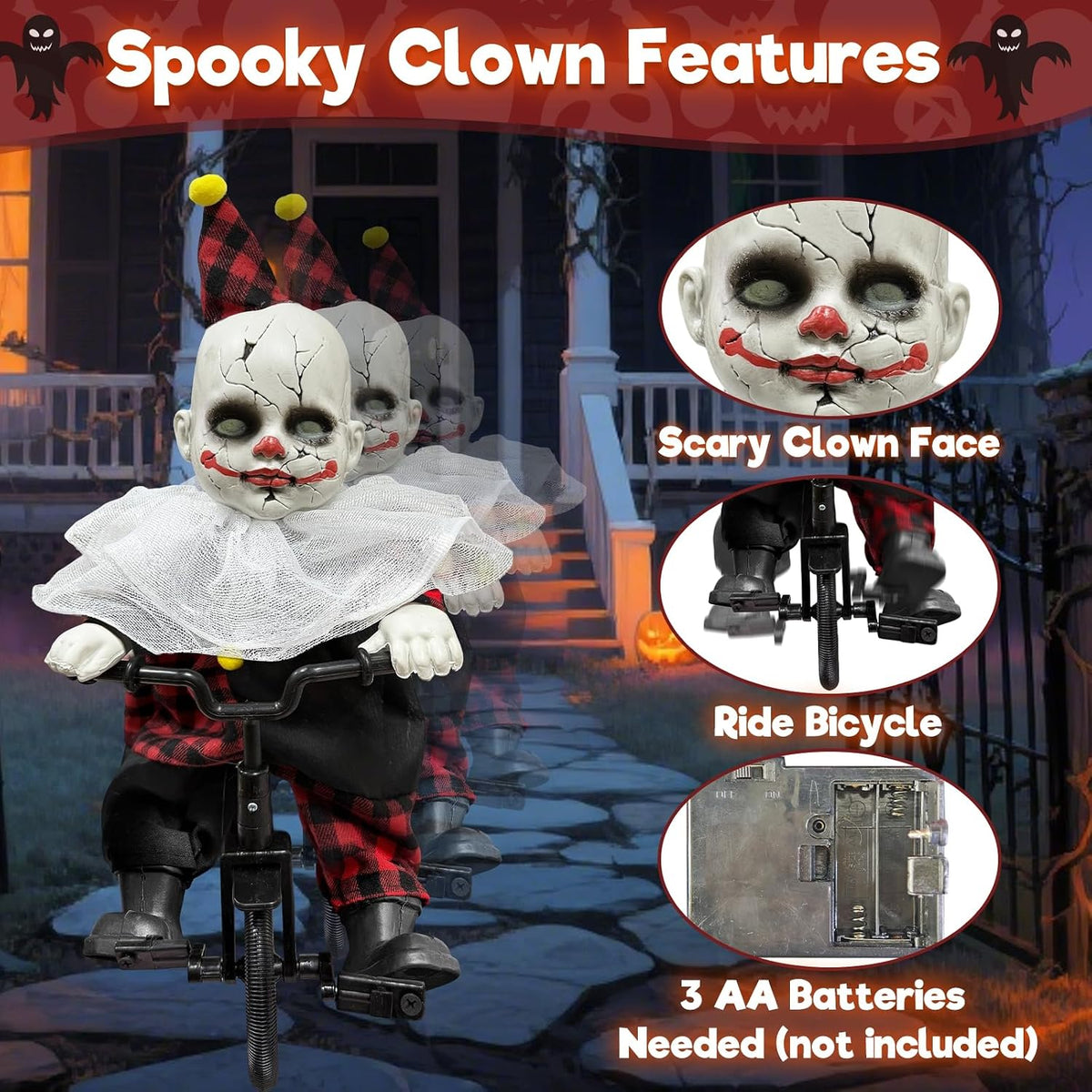 Halloween Animatronic 15.5โ Clown Ride on Bicycle Moving Back and Forth