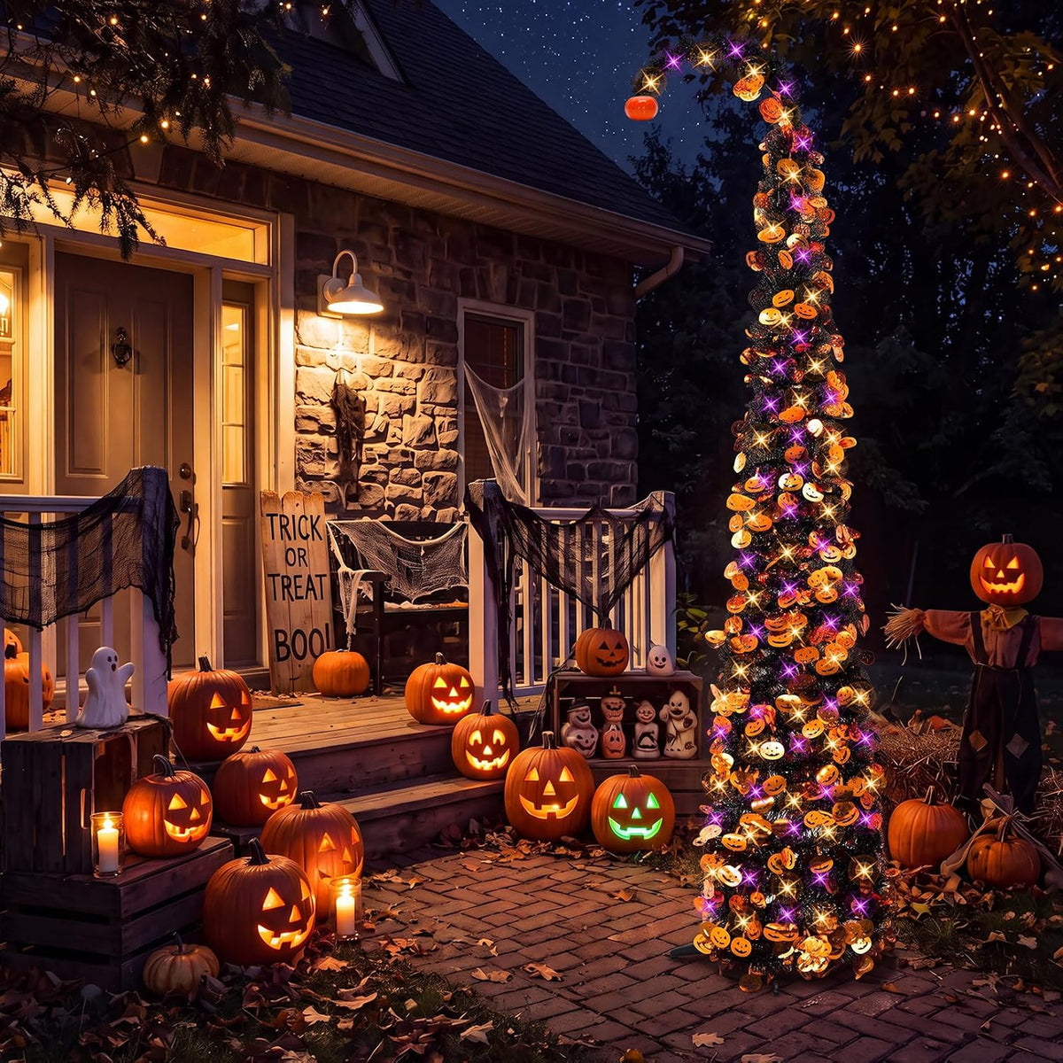 Curved Pumpkin Halloween Tree 5FT with Remote Timer Purple Orange Lights