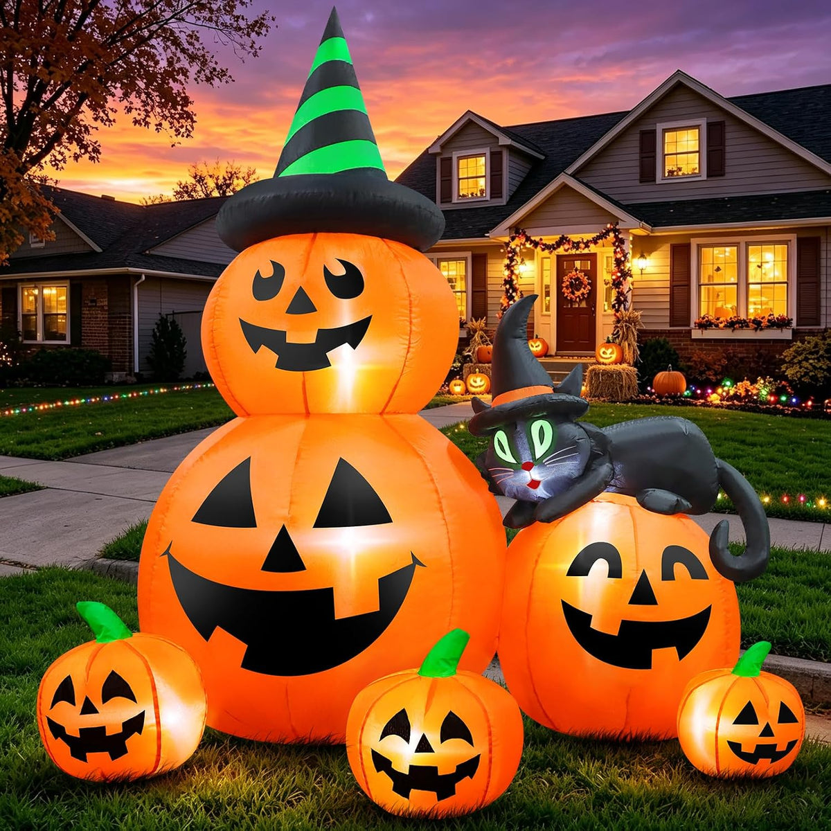 6 FT Halloween Inflatable Pumpkins with Witchโs Black Cat, Spooky Blow up Out...