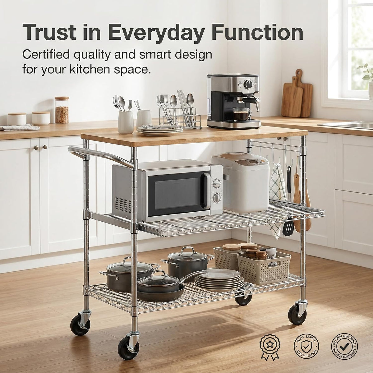 Finnhomy 3-Tier Rolling Kitchen Cart with 18" D x 36" W Oak Wood Ta...