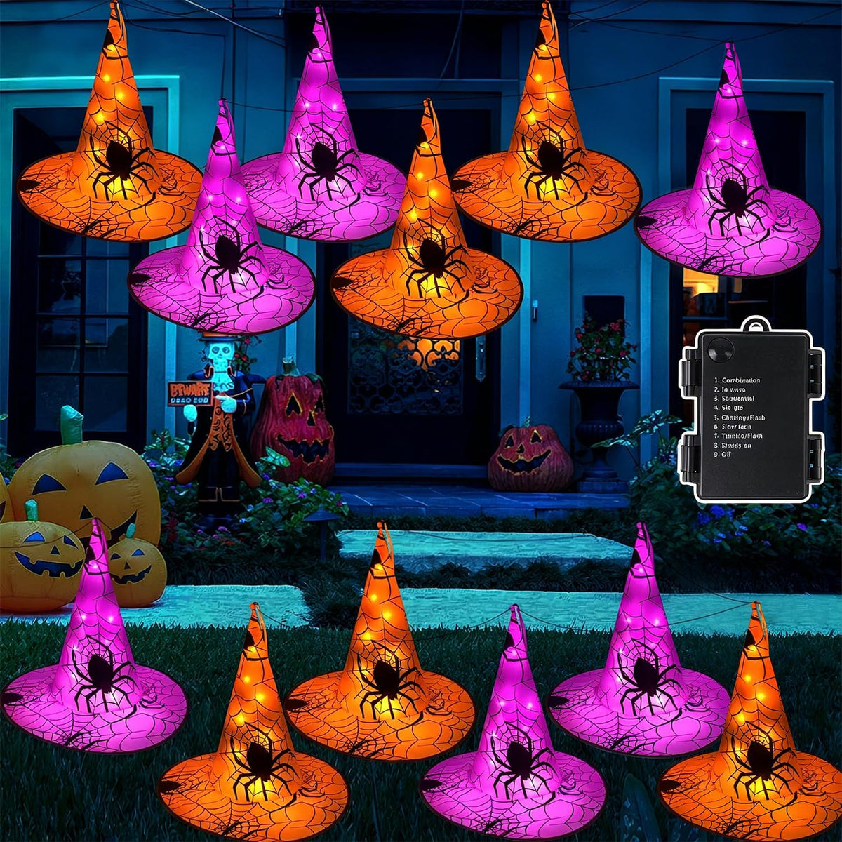 WATERGLIDE Halloween Decorations, 12Pcs Lighted Hanging Witch Hats 8 Modes