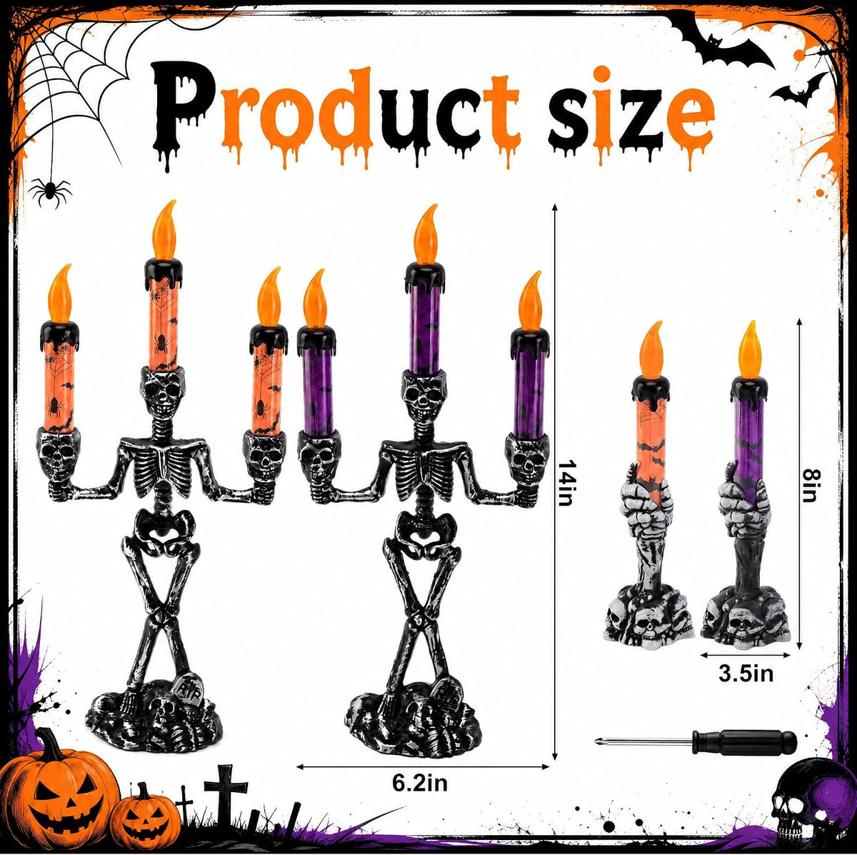 4Pcs Halloween Skeleton Candelabra LED Candle Light, Skull Candelabra Decor