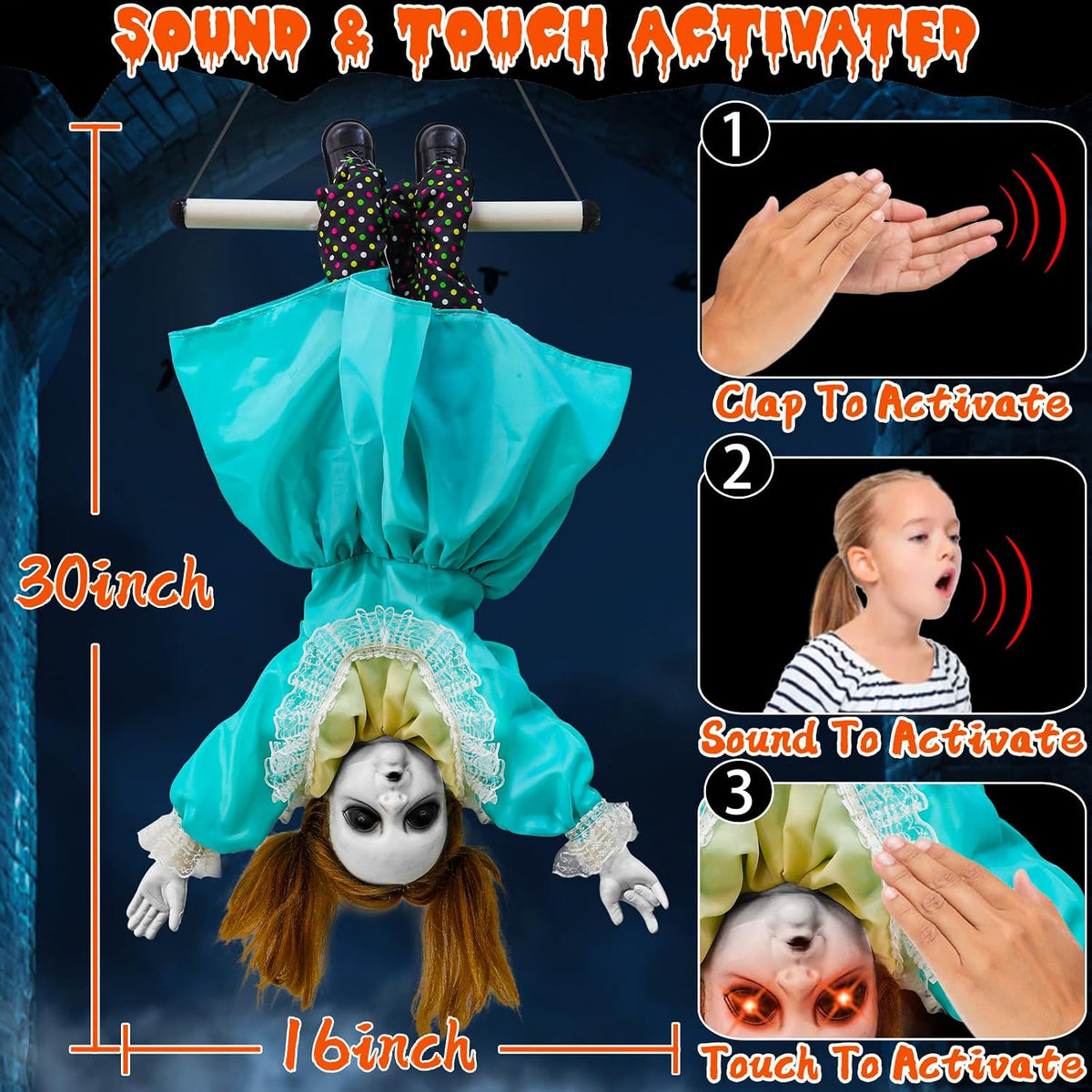 30'' Scary Halloween Animatronic Decorations Outdoor Hanging Swinging...