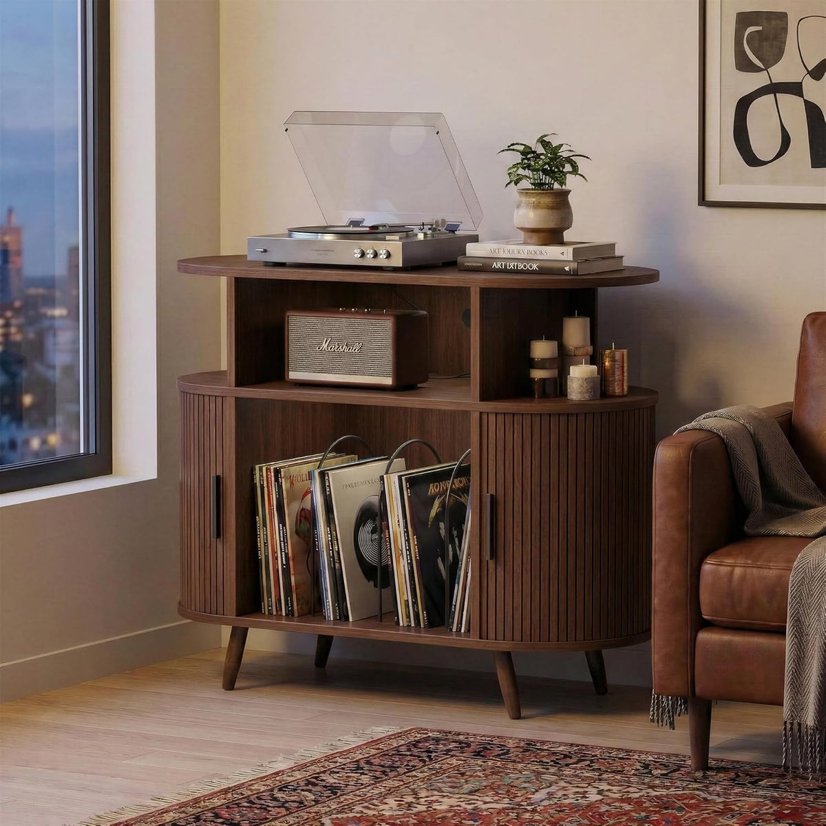 35" Record Player Stand with Storage, Media Stereo Shelf Charging, Walnut