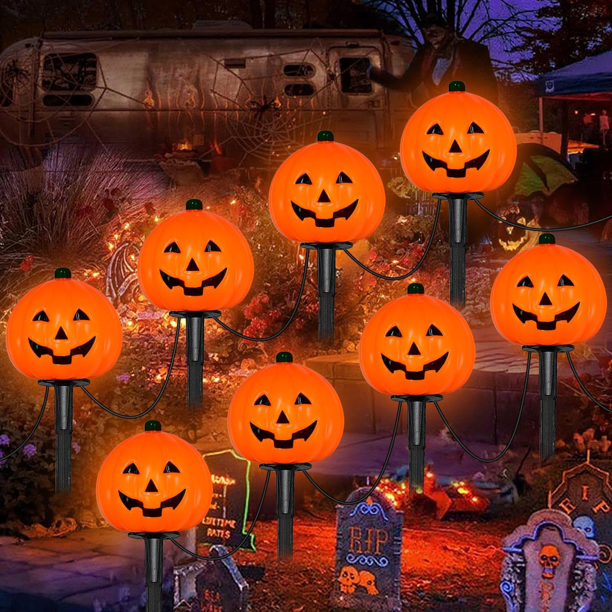 2 Sets 7Ft Halloween Decorations Pathway Lights Outdoor Pumpkin Stake Lights ...