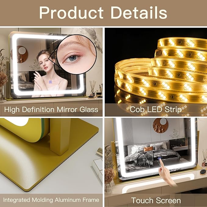 FENNIO Gold Vanity Mirror with Lights 22"x19", LED Lighted Makeup Mirror - Image 7