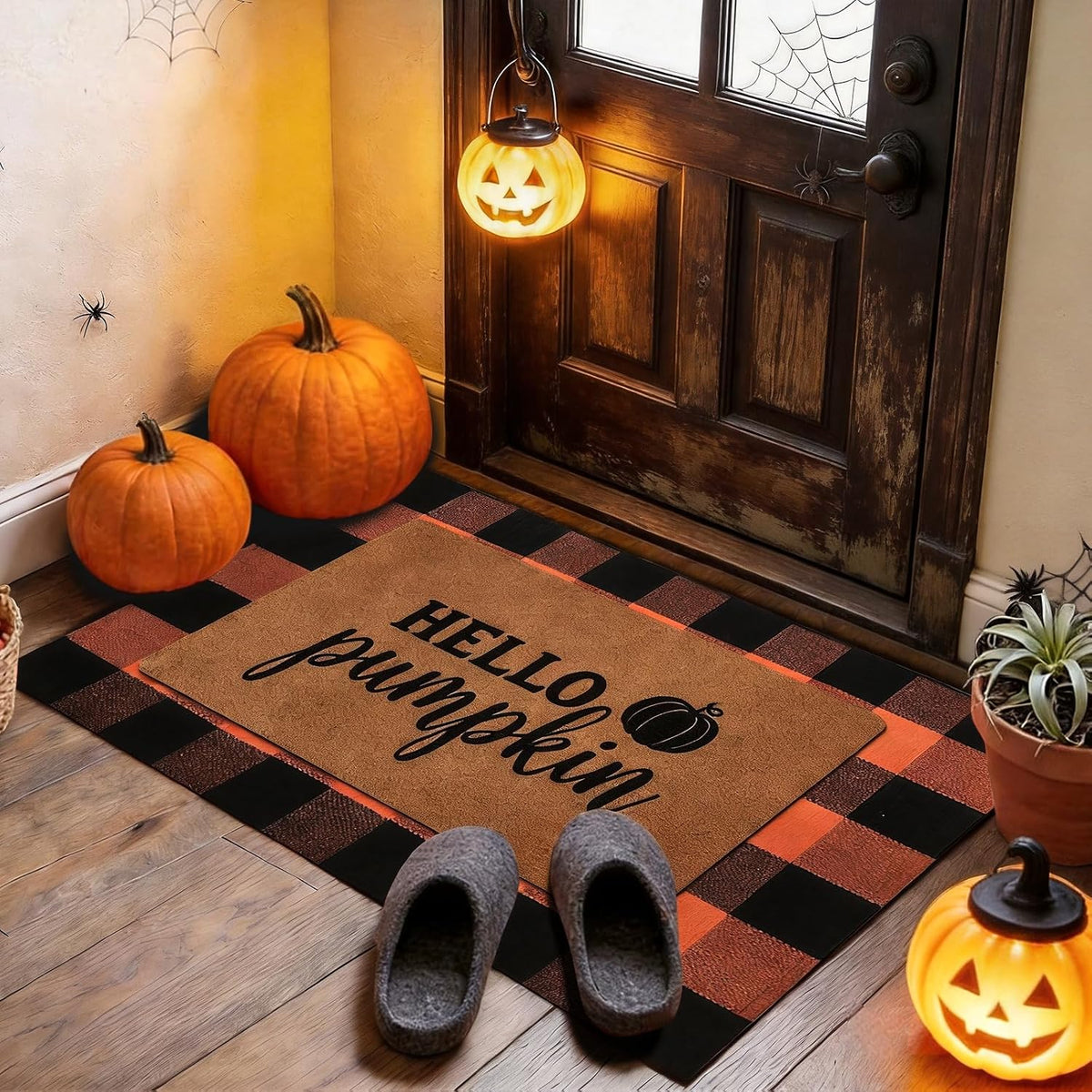 2 Pack Fall Halloween Door Mat Set, Pumpkin Coir & Plaid for Thanksgiving