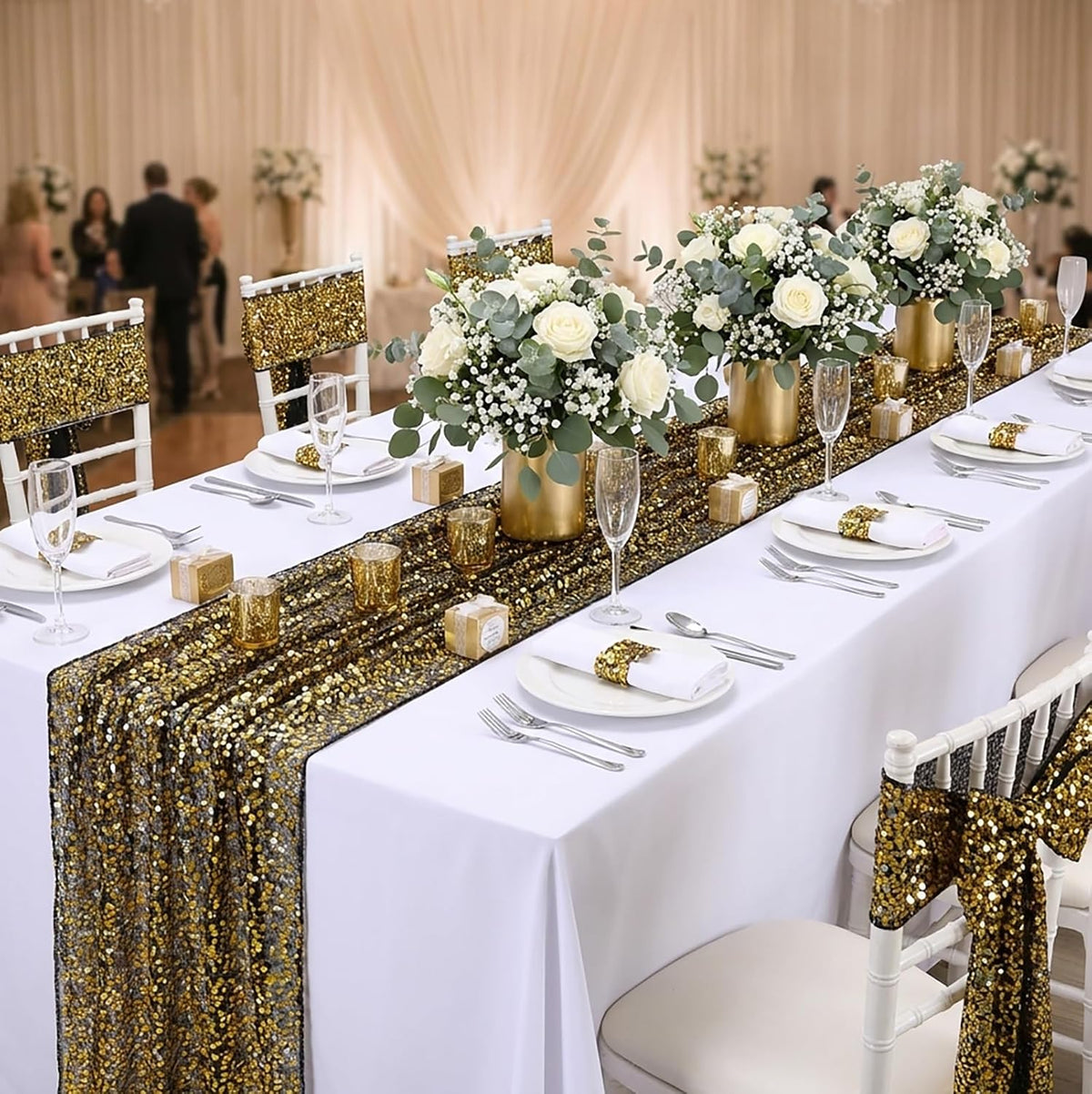 Black Gold Sequin Table Runner Rectangular Glitter Halloween Party Reusable