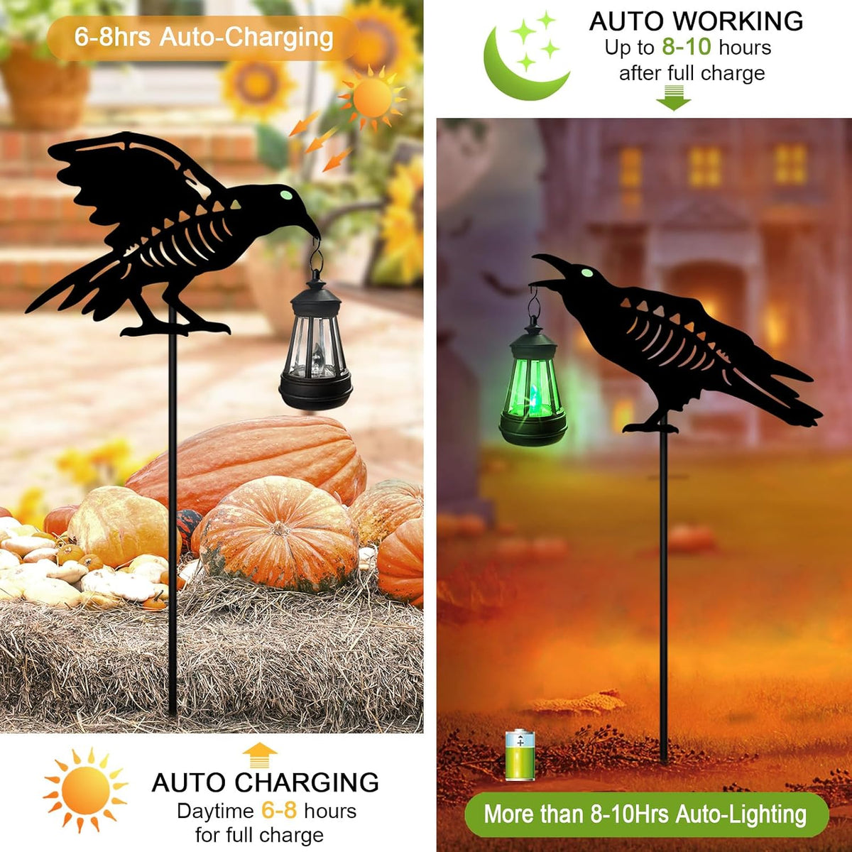 Solar Halloween Decorations Outdoor,2 Pack Metal Black Crow Yard Sign Stake