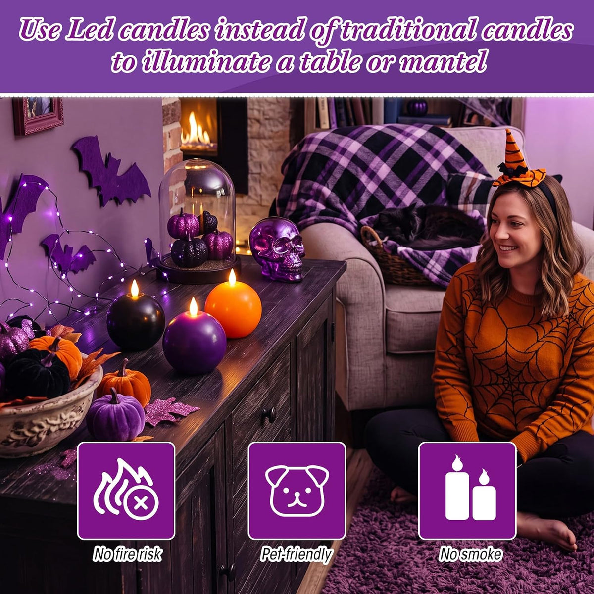 Retisee 3 Pcs Halloween Flameless Candles Real Wax Round with Remote Timer