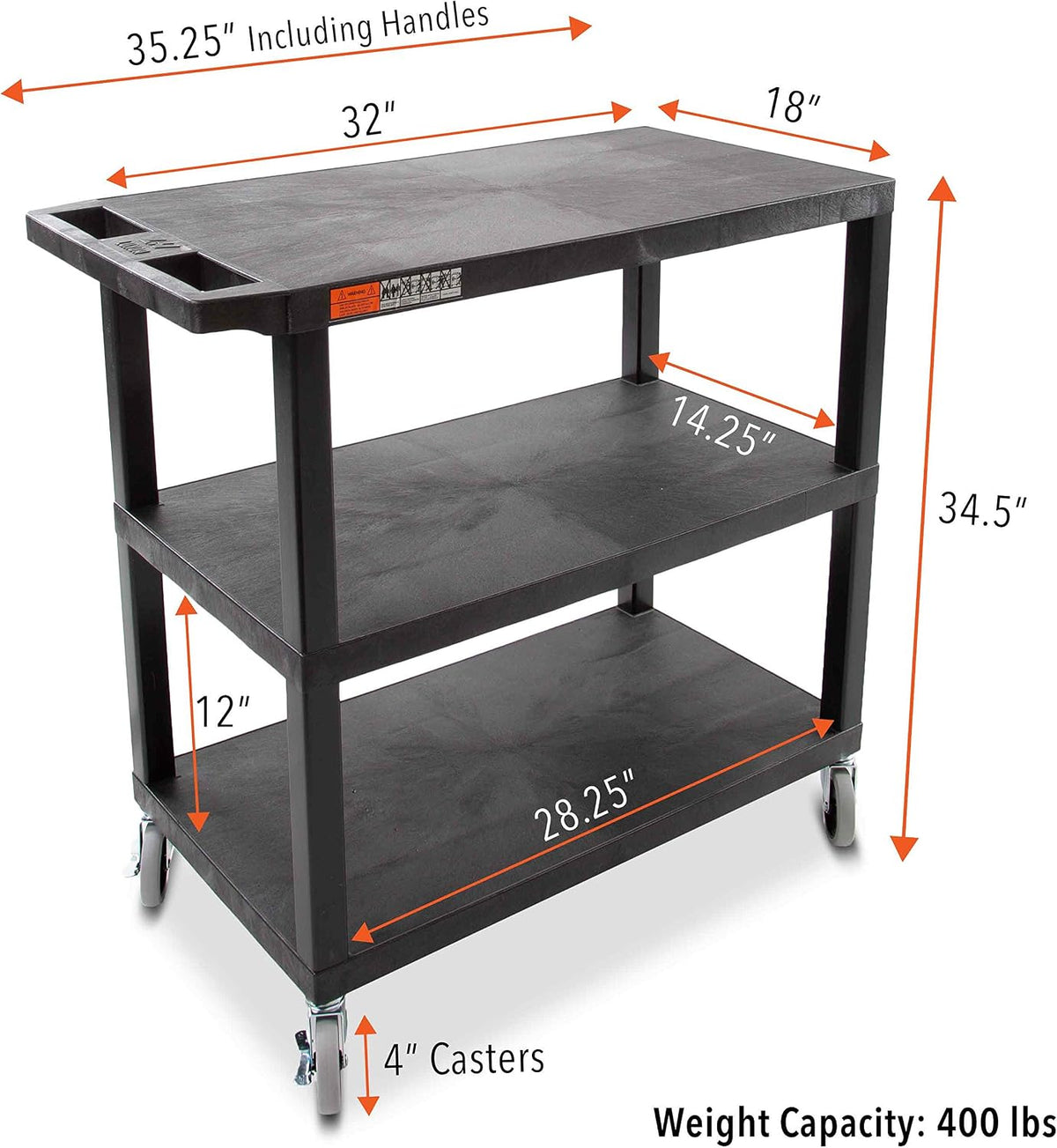 Stand Steady Tubstr 3 Flat Top Shelf Utility Cart Supports Up to 300 lbs - He...