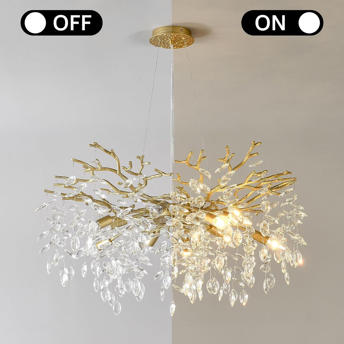 EGM Gold Tree Branch Chandelier 32" 10-Light Modern Crystal Light Fixture