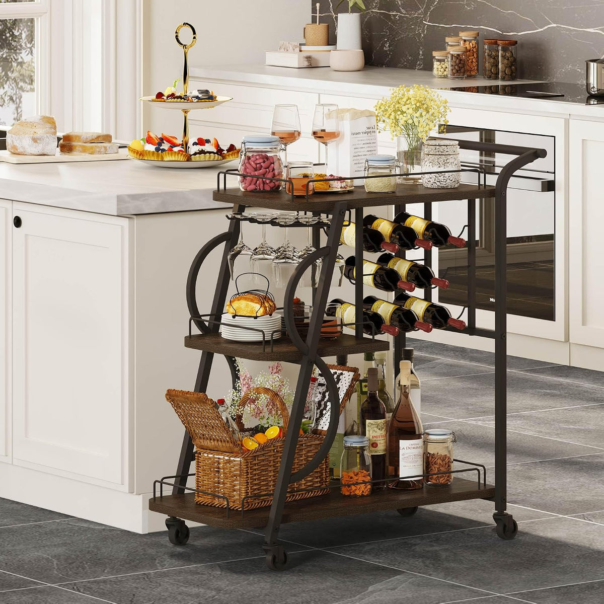Rustic Bar Cart, 3 Tier Rolling Bar Carts for The Home, Industrial Home Servi...
