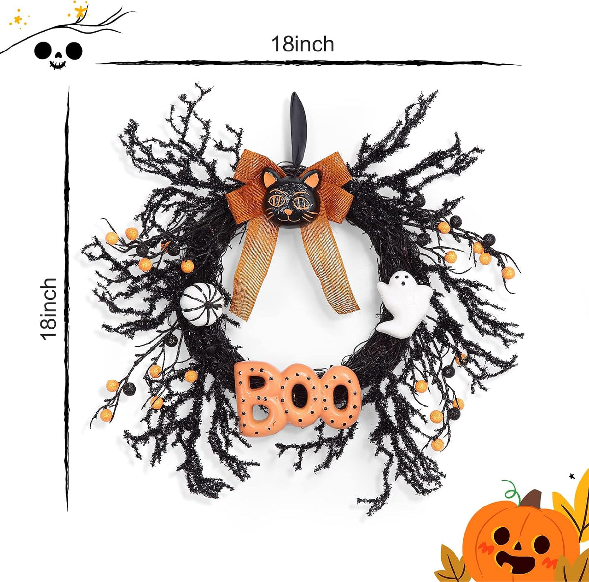 Halloween Wreaths for Front Door, 18Inch Halloween Wreath with Black Cat Boo ...