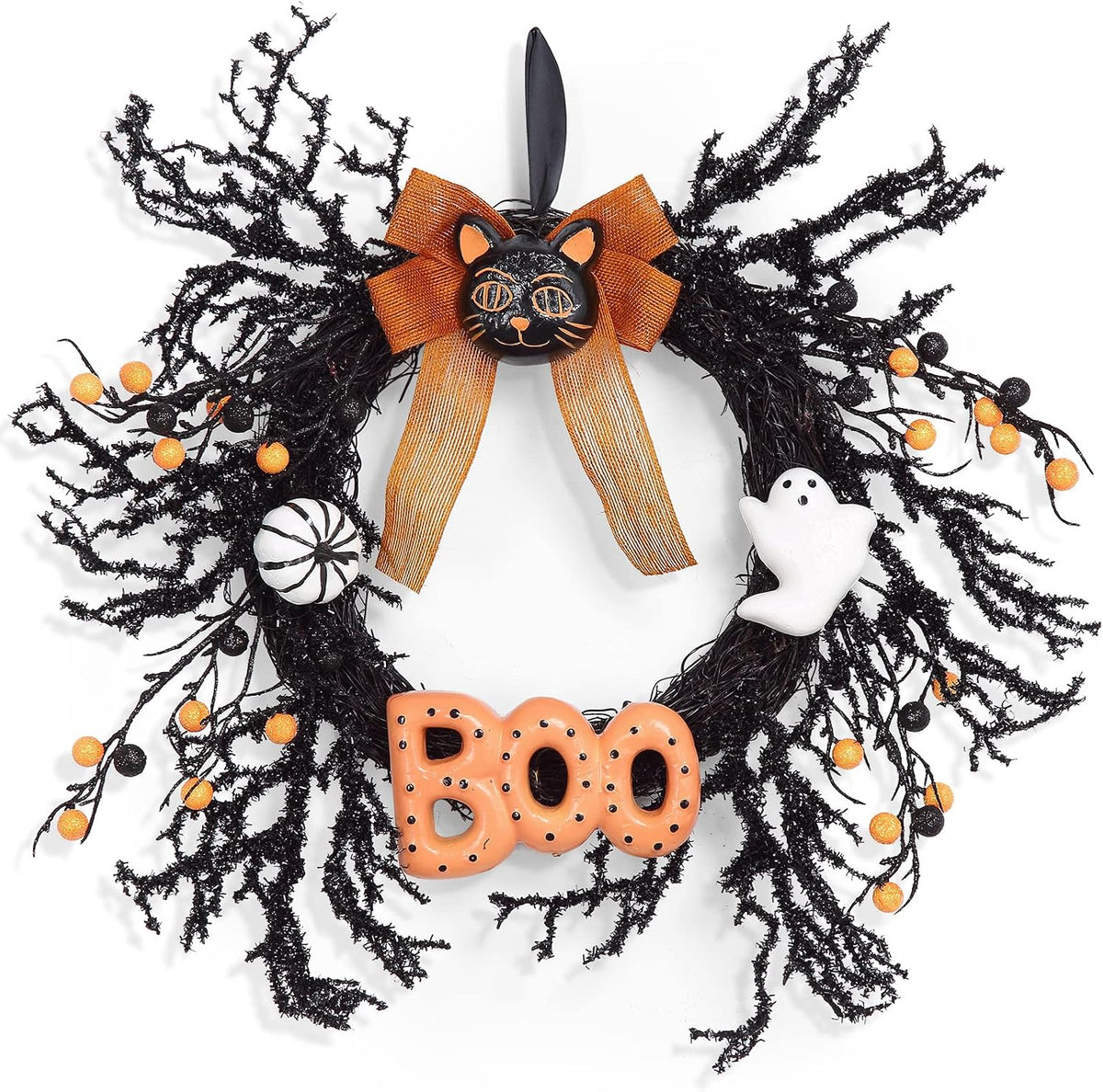 Halloween Wreaths for Front Door, 18Inch Halloween Wreath with Black Cat Boo ...