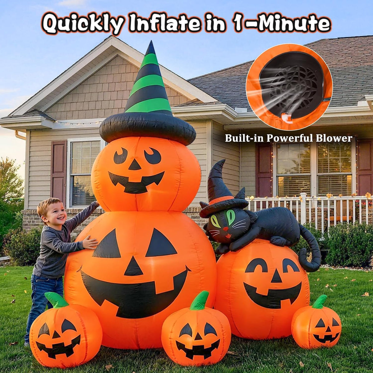 6 FT Halloween Inflatable Pumpkins with Witchโs Black Cat, Spooky Blow up Out...