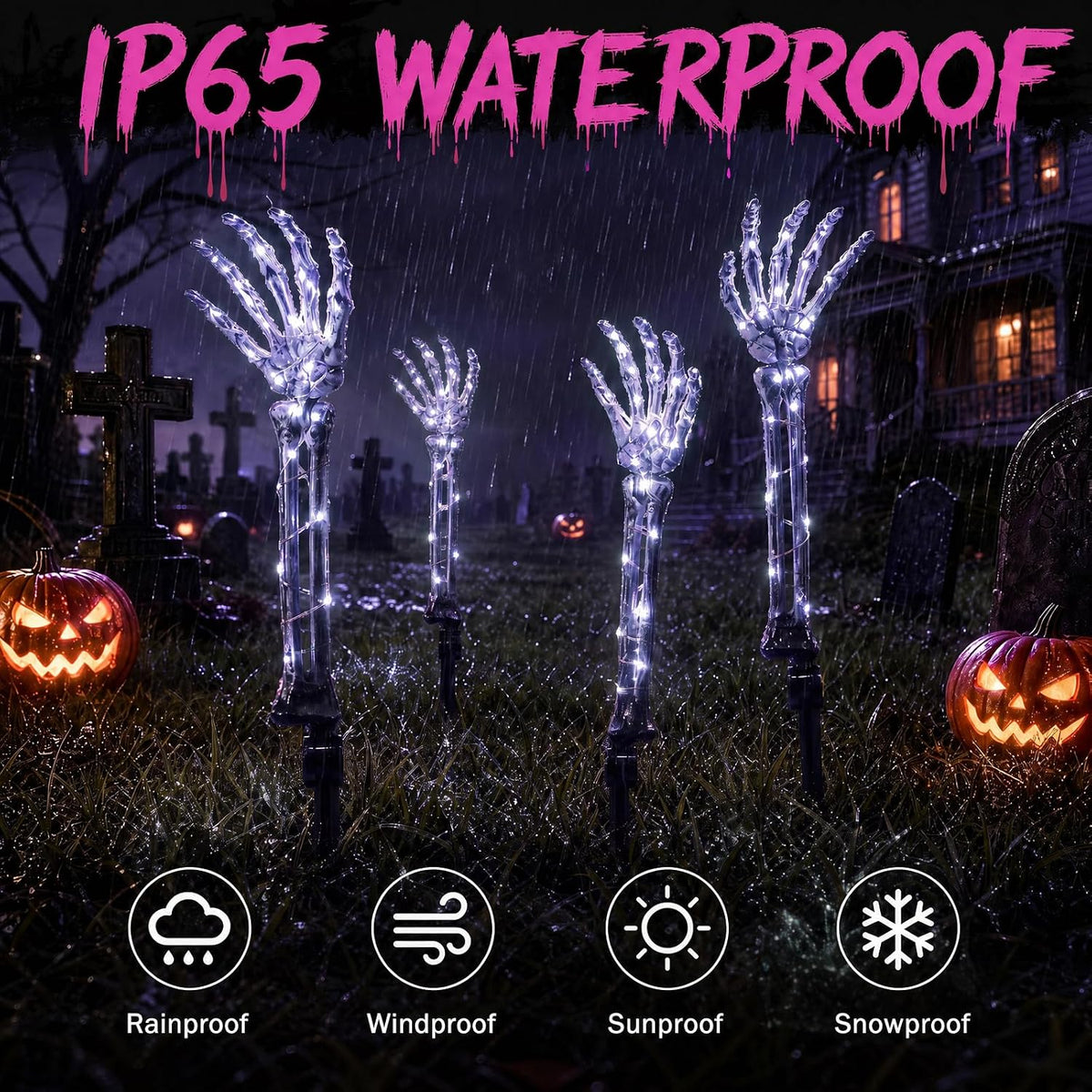 Halloween Skeleton Arm Stakes 4‑Pack, 160 White LED Battery‑Powered Lights